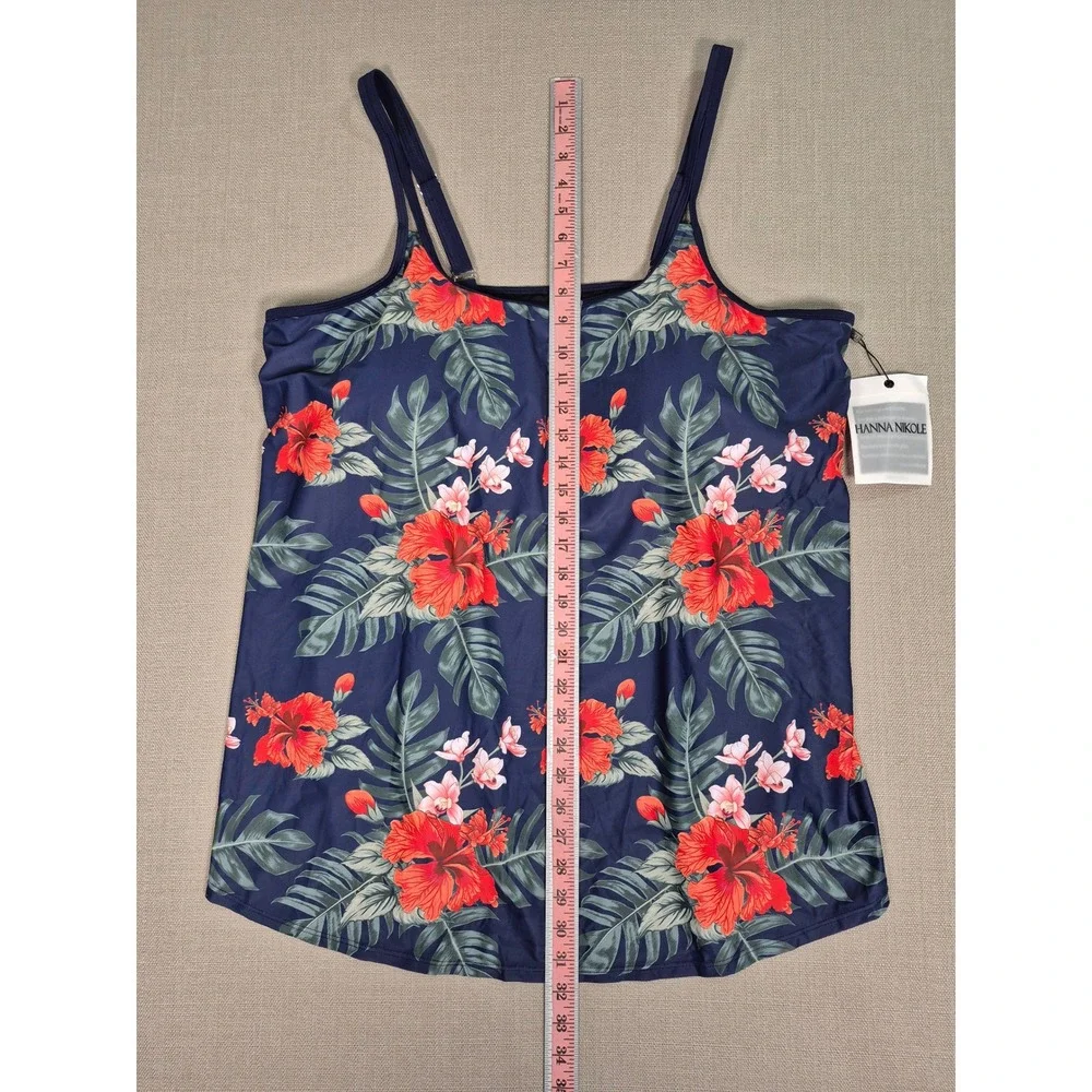 Hanna Nikole Women Navy Floral Hibiscus Tankini Swim Only Top 24W NWT